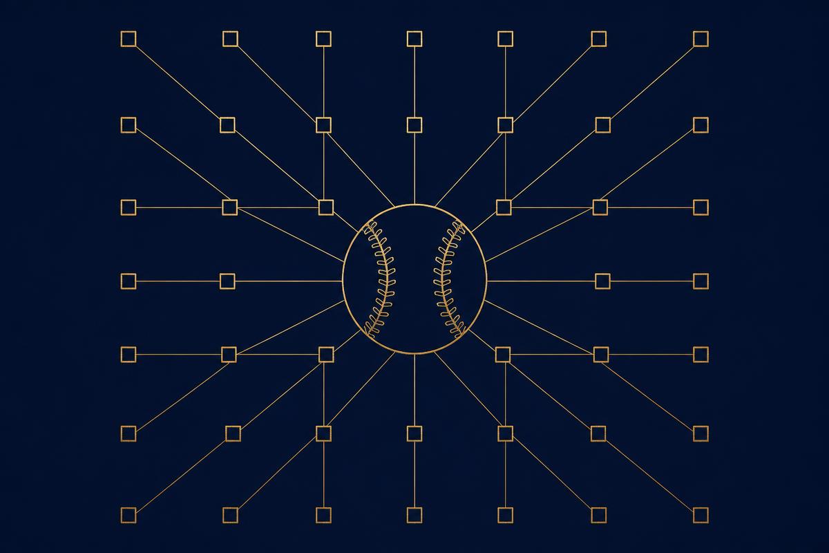 Ilustración abstracta: una pelota de béisbol conectada con un mapa de acciones.