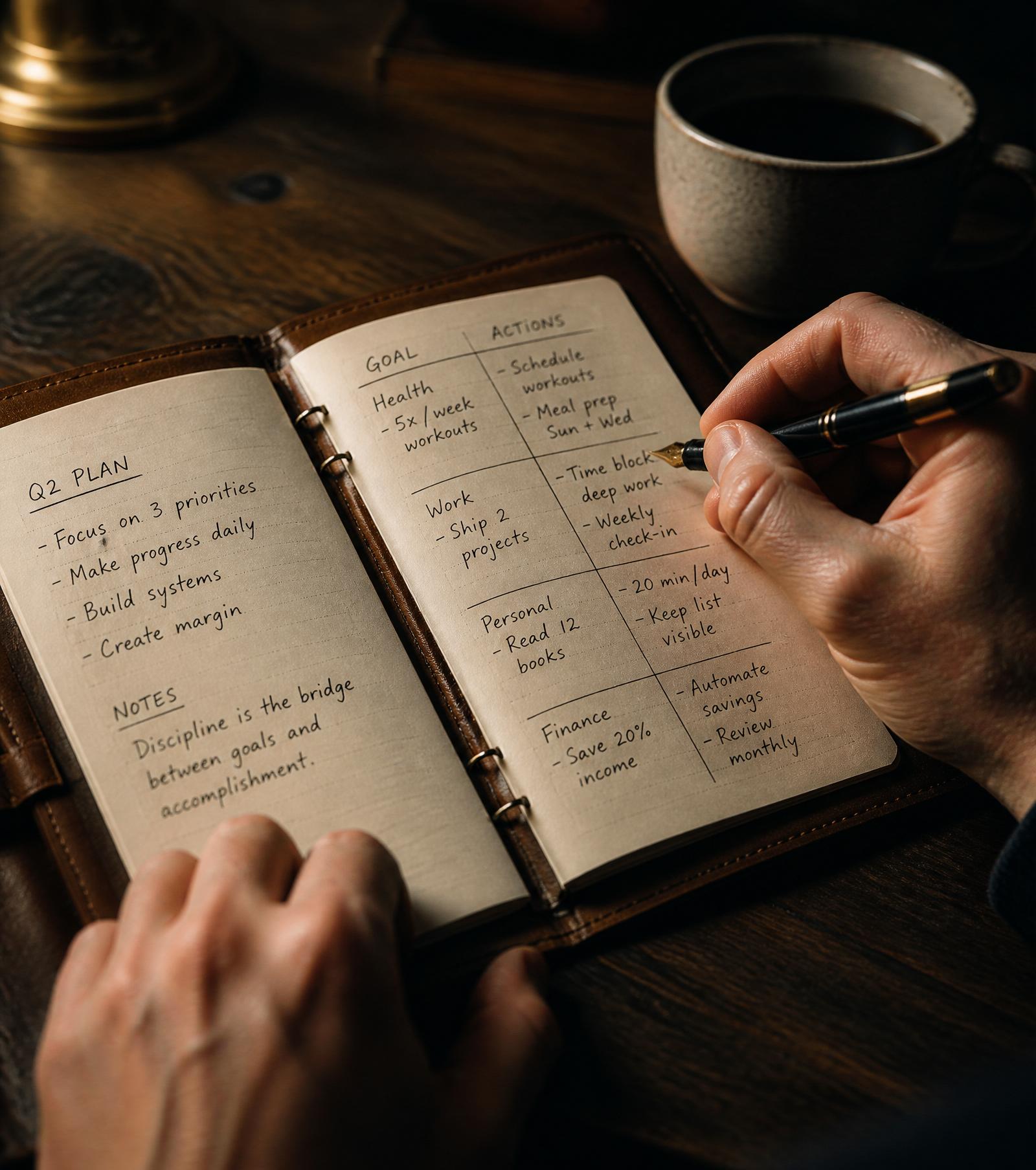 Manos escribiendo un plan estructurado en una libreta a la luz cálida de un escritorio.